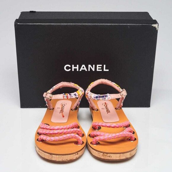 Chanel Pink/Yellow Fabric Braided Fabric Flat Sandals Size 5/35.5 - Picture 1 of 5